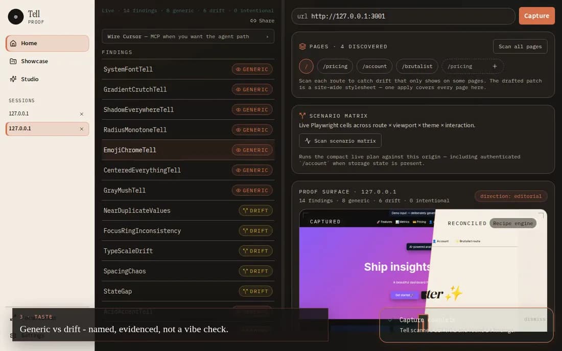 Tell Proof product still: capture, named tells, and a before/after seam